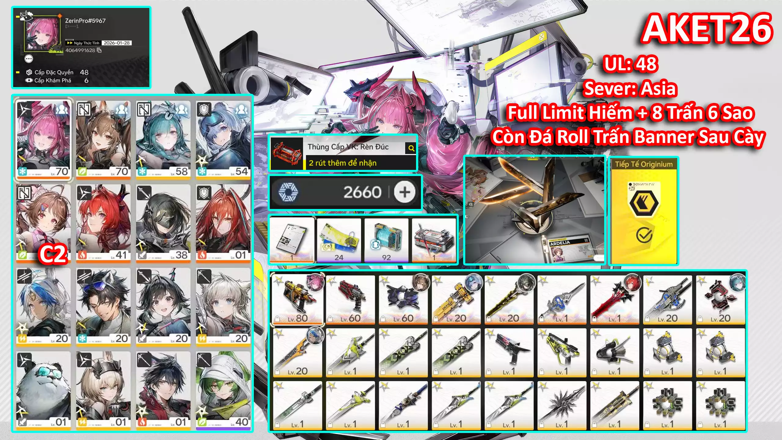 [ ACC VIP SIÊU PHẨM SIÊU ĐỈNH VIPPRO FULL LIMITED GẦN FULL CHAR ] AKET26 Laevatain trấn + Yvonne ( Trấn hiện tại ) + Gilberta + Ardelia C2 Sắp Có Trấn + Main Trấn + Ember