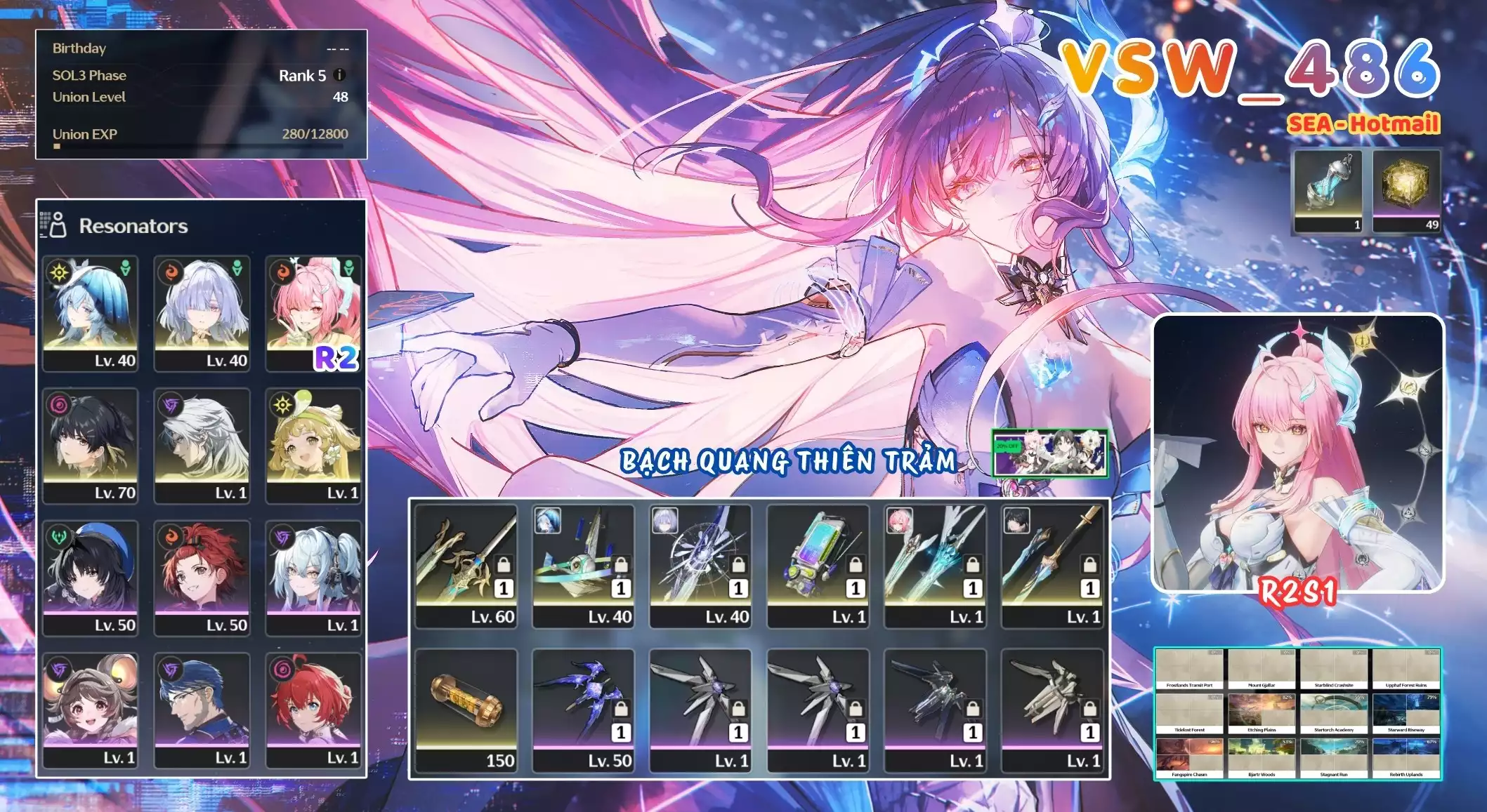 [ VSW_486 SIÊU PHẨM BẠCH QUANG THIÊN TRẢM / CHƯA SN! ] AEMEATH R2 TRẤN + MORNYE TRẤN + SHOREKEEPER + CALCHARO + VERINA + MAIN TRẤN. ZIN BANNER 5* TÂN THỦ. 49 NHỰA. ZIN NHIỀU QUEST / EVENT!!