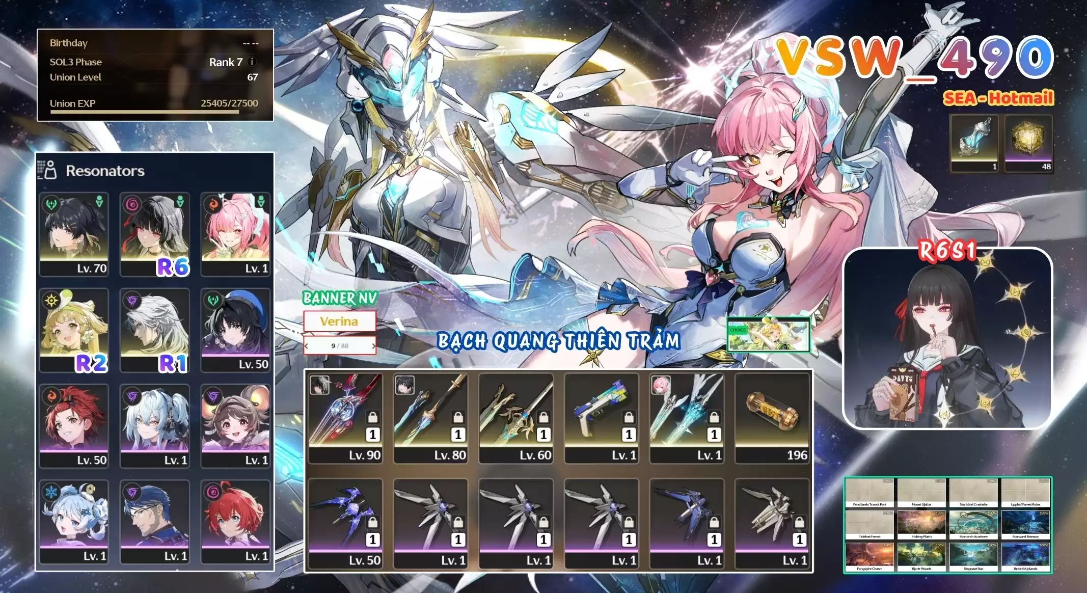 [ VSW_490 SIÊU PHẨM BẠCH QUANG THIÊN TRẢM / CHƯA SN! ] CHISA R6 TRẤN + AEMEATH TRẤN + VERINA R2 + CALCHARO R1 + MAIN TRẤN. 9 TRANG BANNER LIMIT CÓ BẢO HIỂM. ZIN BANNER 5* TỰ CHỌN. 48 NHỰA. ZIN NHIỀU QUEST / EVENT!!