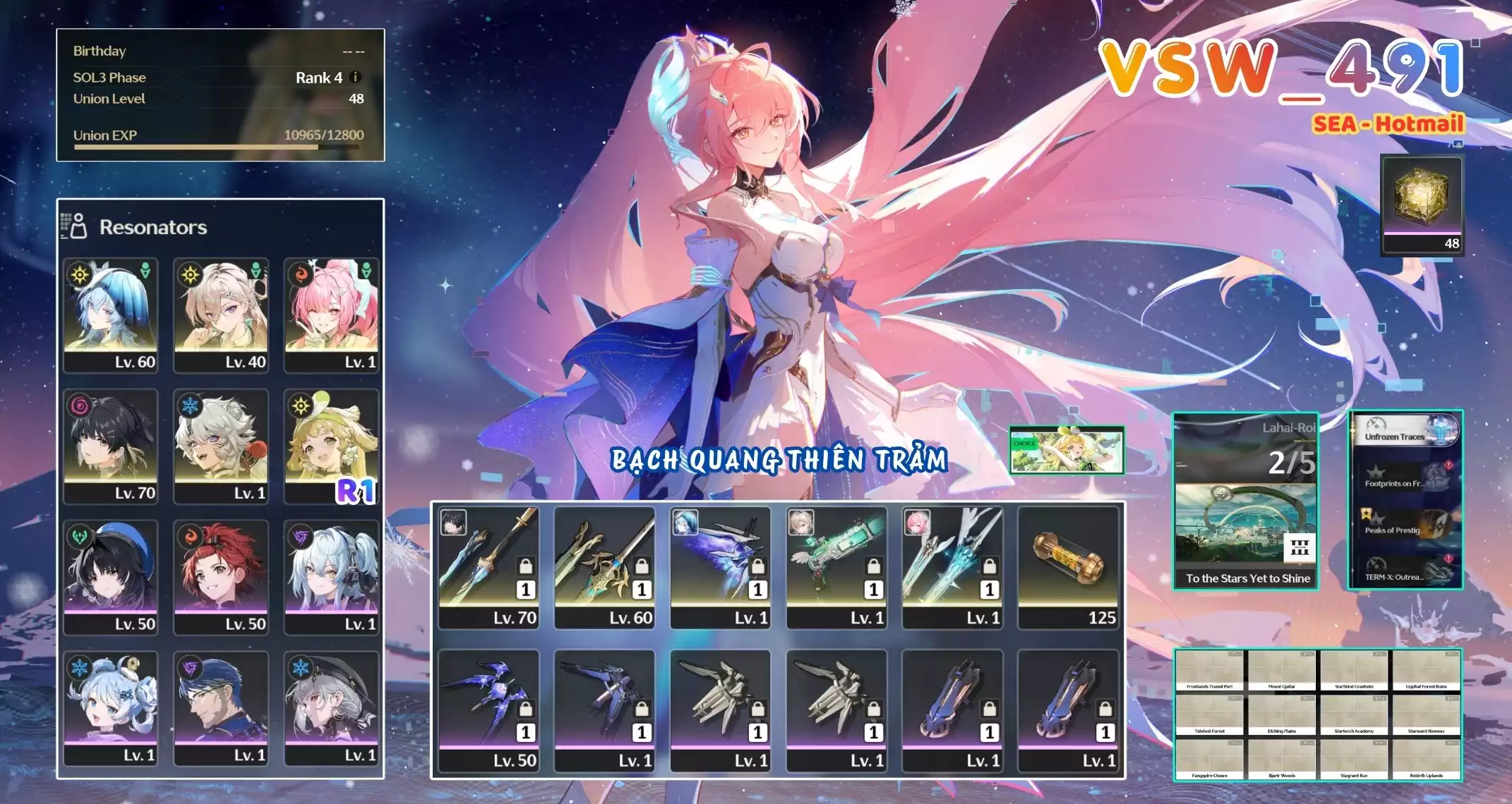 [ VSW_491 SIÊU PHẨM BẠCH QUANG THIÊN TRẢM / CHƯA SN! ] AEMEATH TRẤN + LYNEA TRẤN + SHOREKEEPER TRẤN + VERINA R1 + LINGYANG + MAIN TRẤN. ZIN BANNER 5* TỰ CHỌN. 48 NHỰA. ZIN NHIỀU QUEST / EVENT!!