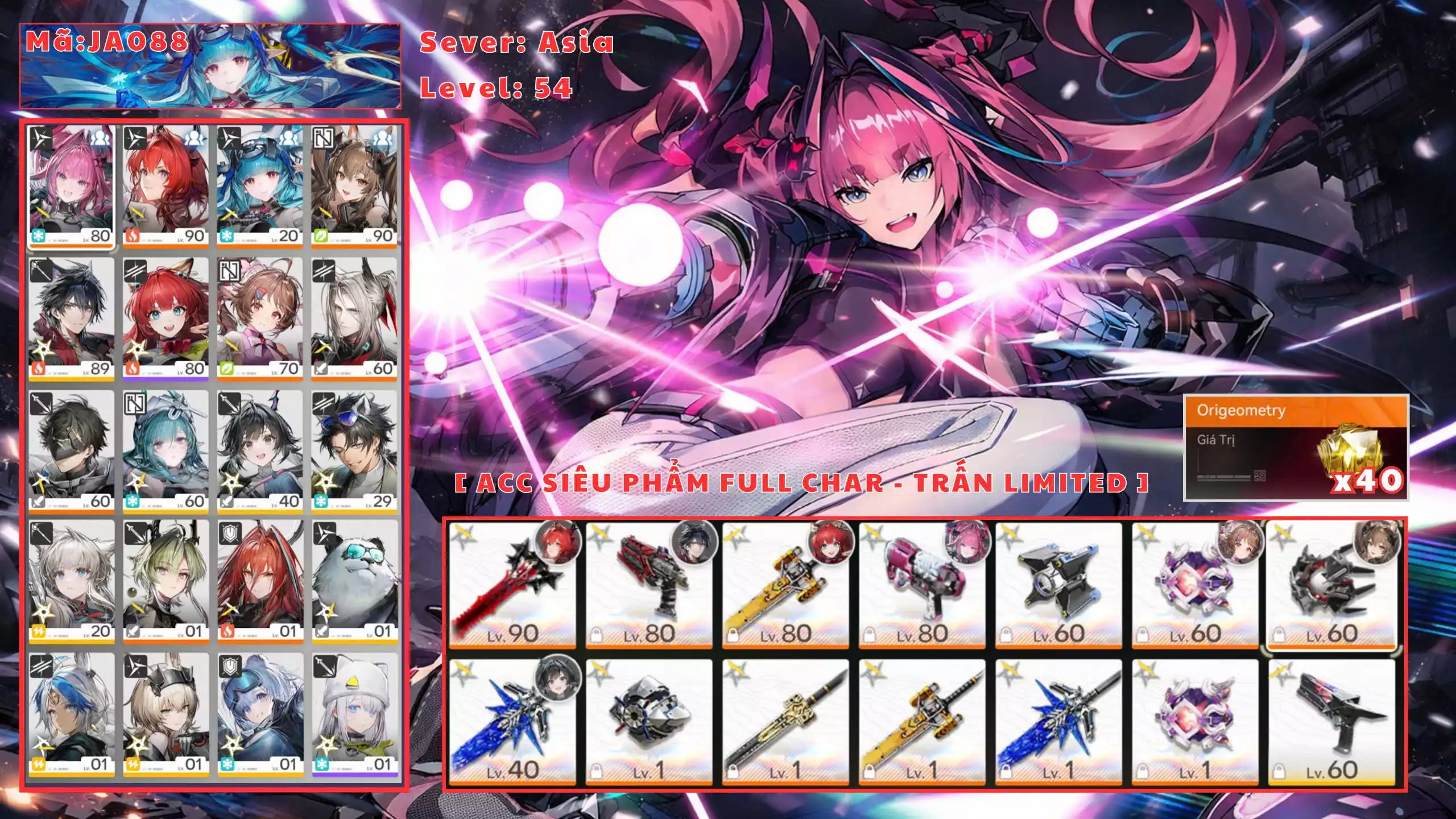 [ MÃ JA088 FULL LIMITED CẢ CHAR TRẤN ] LEVIATHAN TRẤN, YVONNE TRẤN, GILBERTA TRẤN, EMBER, LIFENG, POG, ADELIA ACC DƯ 40 CỤC ORI