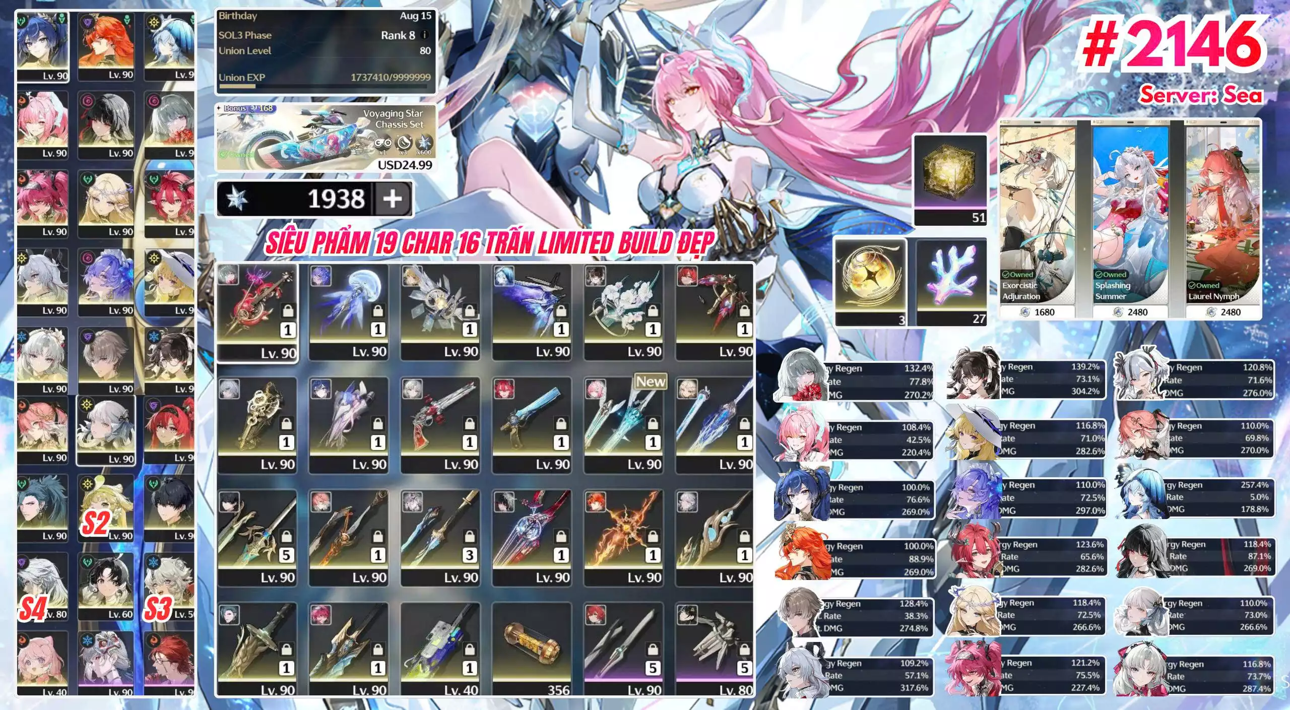 [Siêu Phẩm Cày Tay 100% Siêu Rẻ Nhiều Team Hot Meta Skin Xe Vip + Còn 60 roll vàng ] TH-906 Augusta (Trấn) + Aemeath (Trấn) + Iuno + Shorekeeper (Trấn) +Chisa (Trấn) + Phrolova (Trấn) + Lupa + Caterthyia (Trấn) + Ciaccona + Zani (Trấn) + Cantarella (Trấn) + Phoebe (Trấn) + Carlotta + Skin (Trấn) + Yao (Trấn) + Zhezhi (Trấn) + Changli + Skin (Trấn) + Jinhsi (Trấn) + Yilin (Trấn) + Jiyan (Trấn)