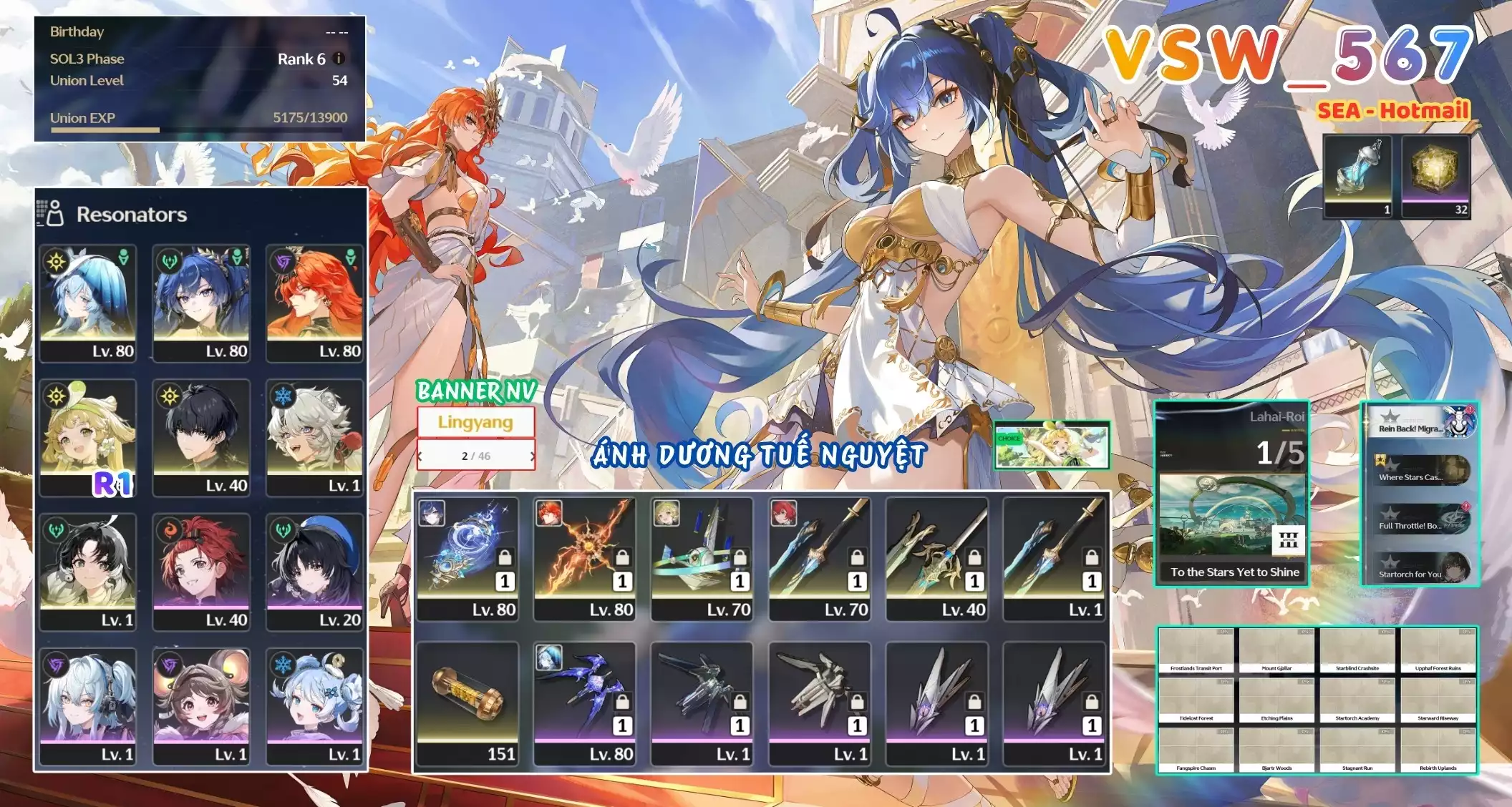 [ VSW_567 SIÊU PHẨM ÁNH DƯƠNG TUẾ NGUYỆT / CHƯA SN! ] AUGUSTA TRẤN + IUNO TRẤN + SHOREKEEPER + VERINA R1 + JIANXIN + MAIN TRẤN. ZIN BANNER 5* TỰ CHỌN. 32 NHỰA. CÒN NHIỀU QUEST / EVENT!