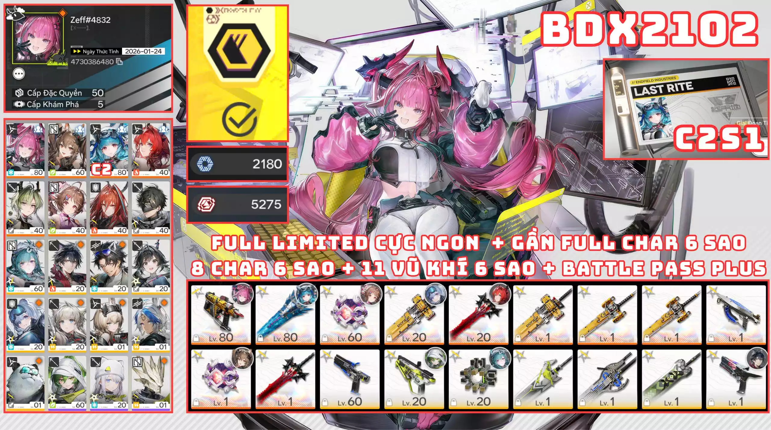 BDX2102 - FULL LIMITED / GẦN FULL CHAR / 11 VŨ KHÍ 6 SAO