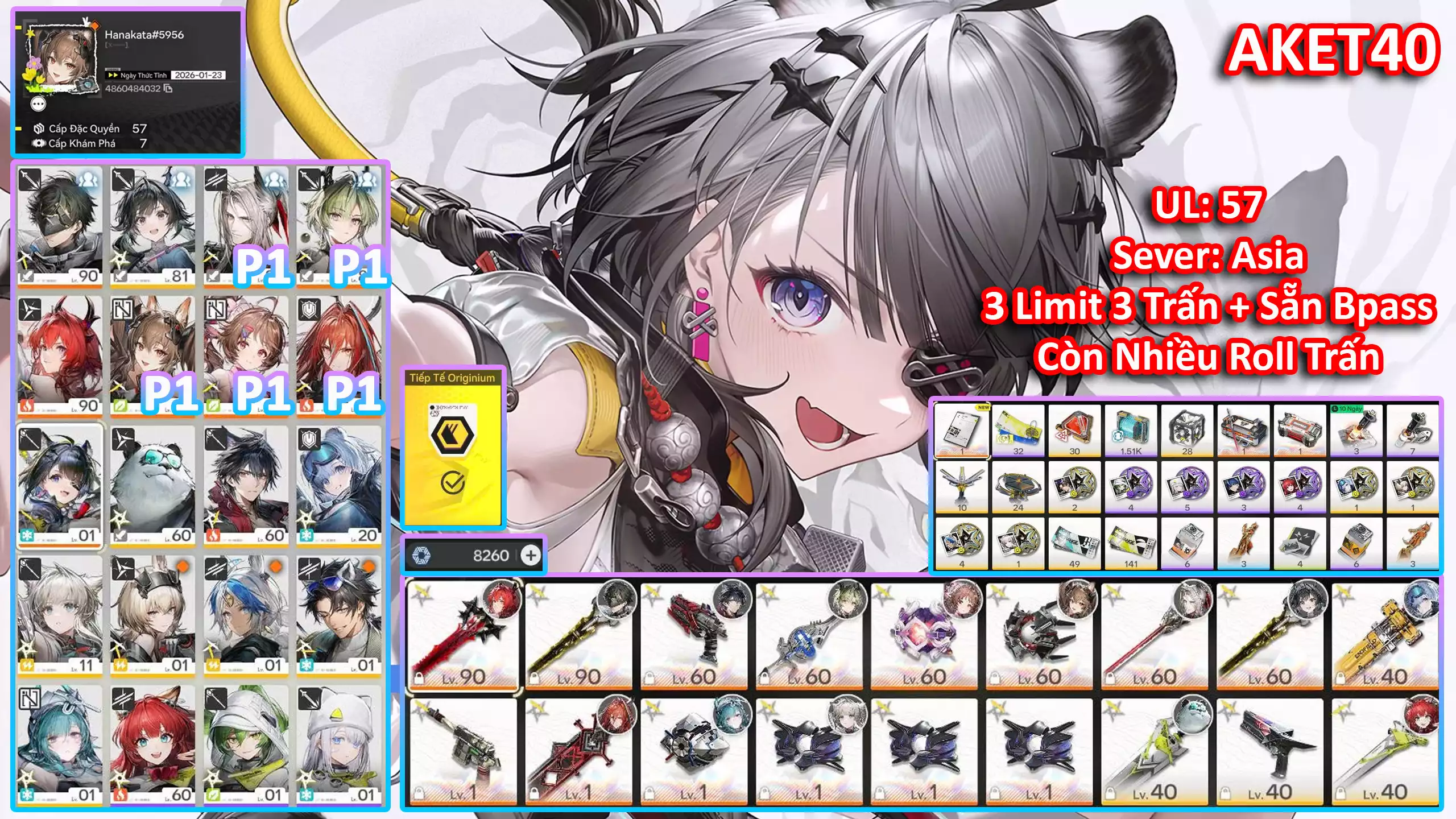 [Siêu Phẩm Limit mới Siêu Vip + Nhiều inh Hồn Char ] AKET40 TANG TANG TRẤN + LEAVATAIN TRẤN + GILBERTA P1 TRẤN + POGRANICHNIK P1 TRẤN + LIFENG P1 + ARDELIA P1 TRẤN + EMBER P1 + Còn 8k Đá Roll Trấn