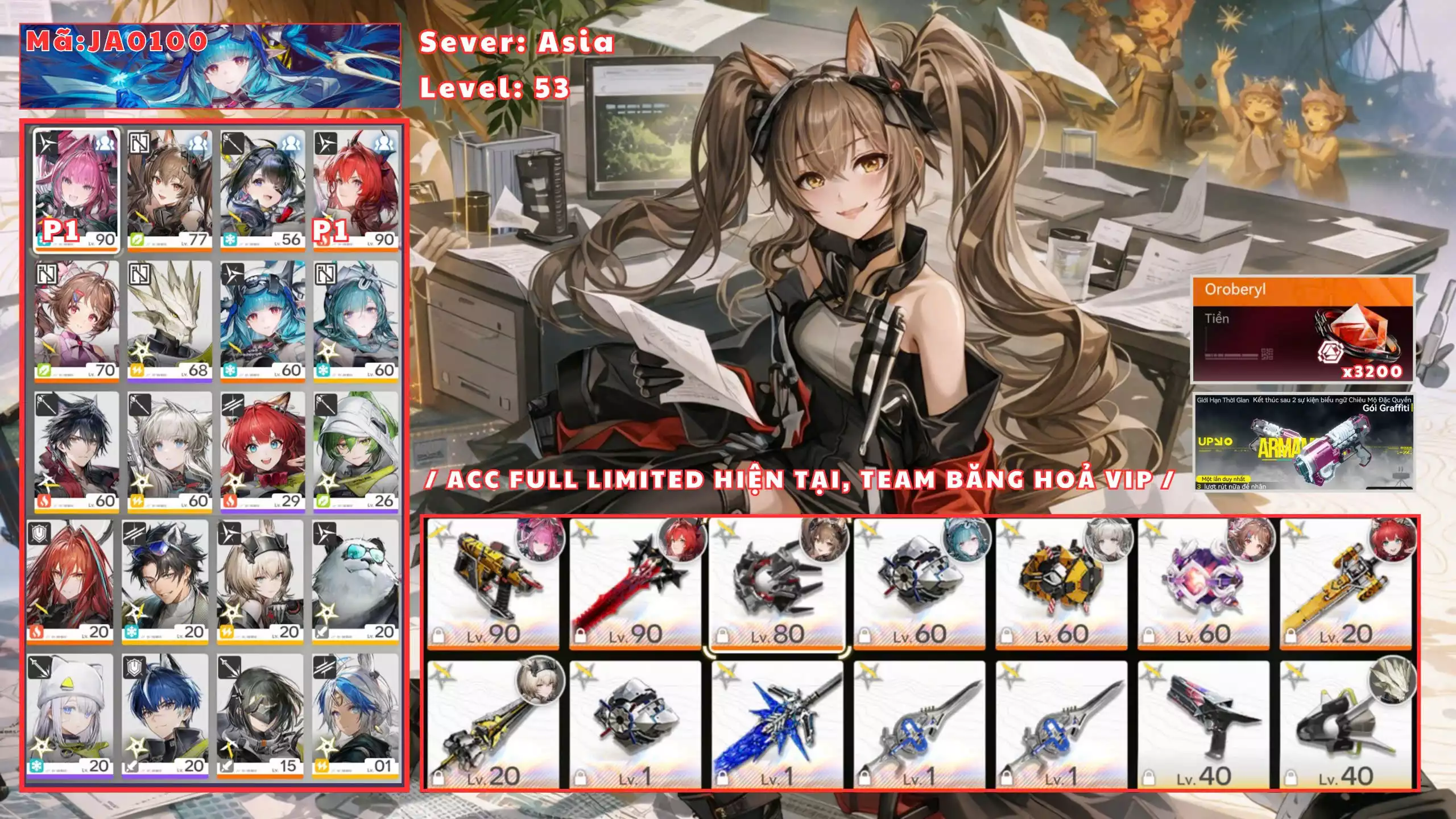 [ MÃ JA100: SIÊU PHẨM FULL LIMITED ] YVONEE P1, LEVIATHAN P1W1, TANG TANG, GILBERTA P0W1 ADELIA, LAST RITE, EMBER ACC XÂY BASE NGON LÀNH, DƯ 3K ĐÁ ROLL