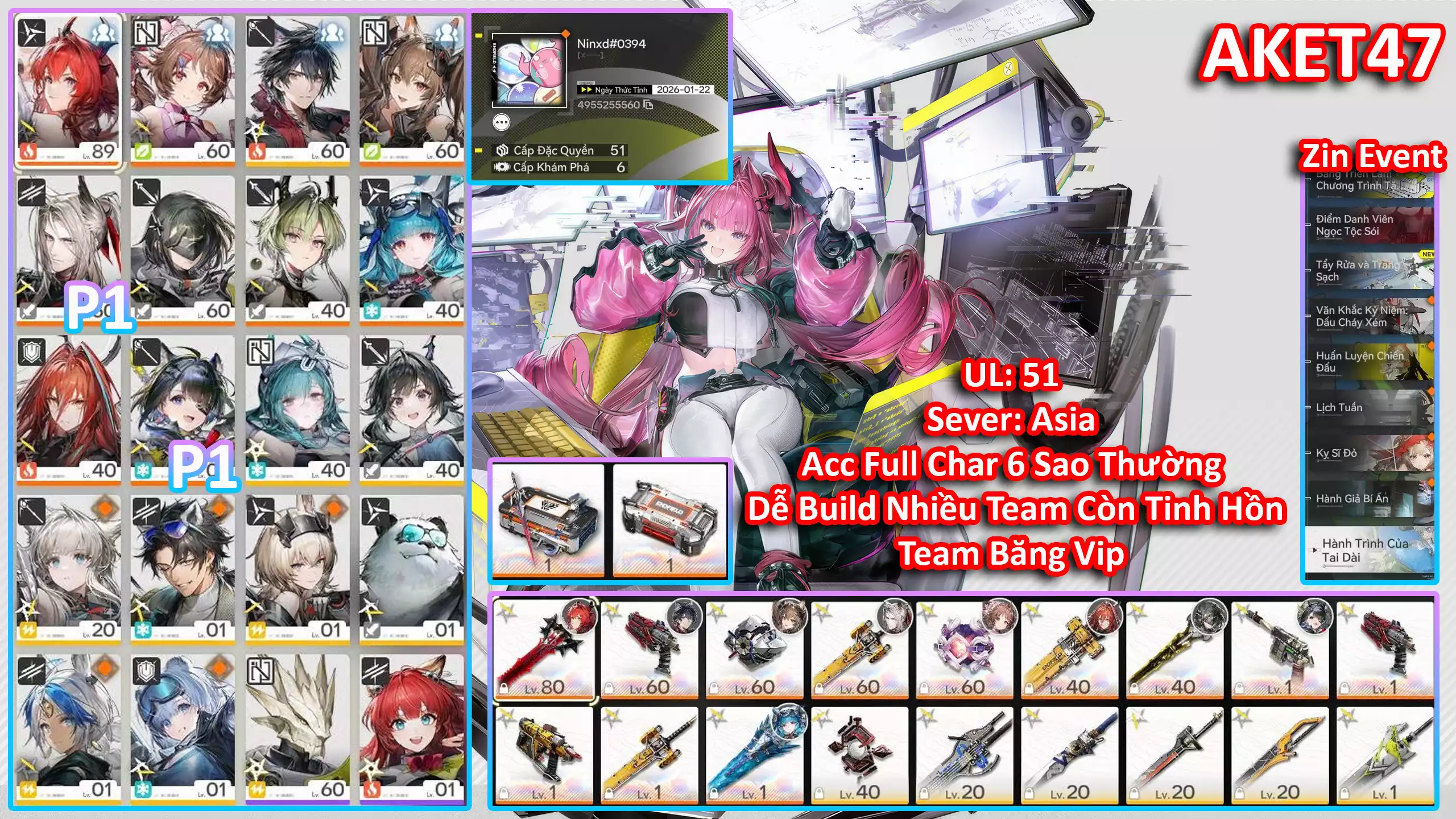 [Siêu Phẩm FULL CHAR THƯỜNG + TEAM BĂNG LAST RITE VIP ] AKET47 LEAVATAIN (TRẤN) + GILBERTA + TANGTANG P1 (TRẤN) + ARDELIA (TRẤN) + LAST RITE (TRẤN) + POGRANICHNIK P1 + LIFENG + EMBER