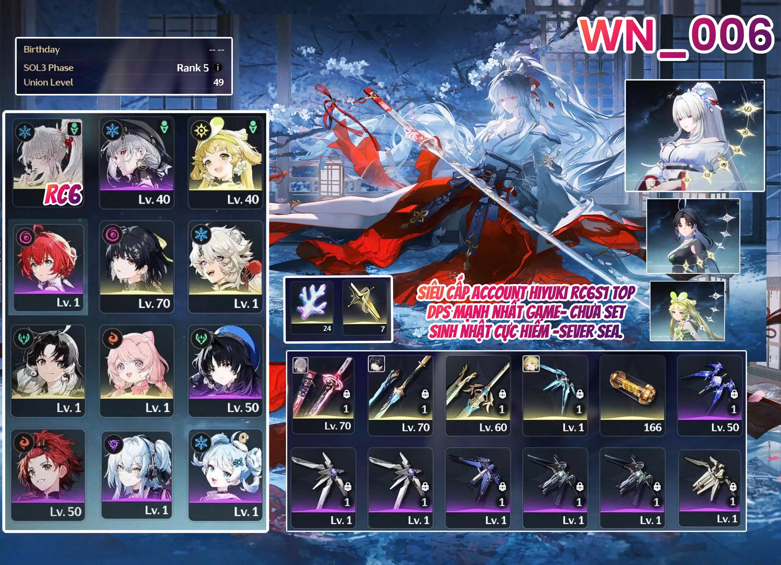 [ WN_006 SIÊU PHẨM BẠCH QUANG THIÊN TRẢM HIYUKI RC6S1 DPS MAẠNH NHẤT GAME CHƯA SET SINH NHẬT CỰC HIẾM- SEVER SEA  ]