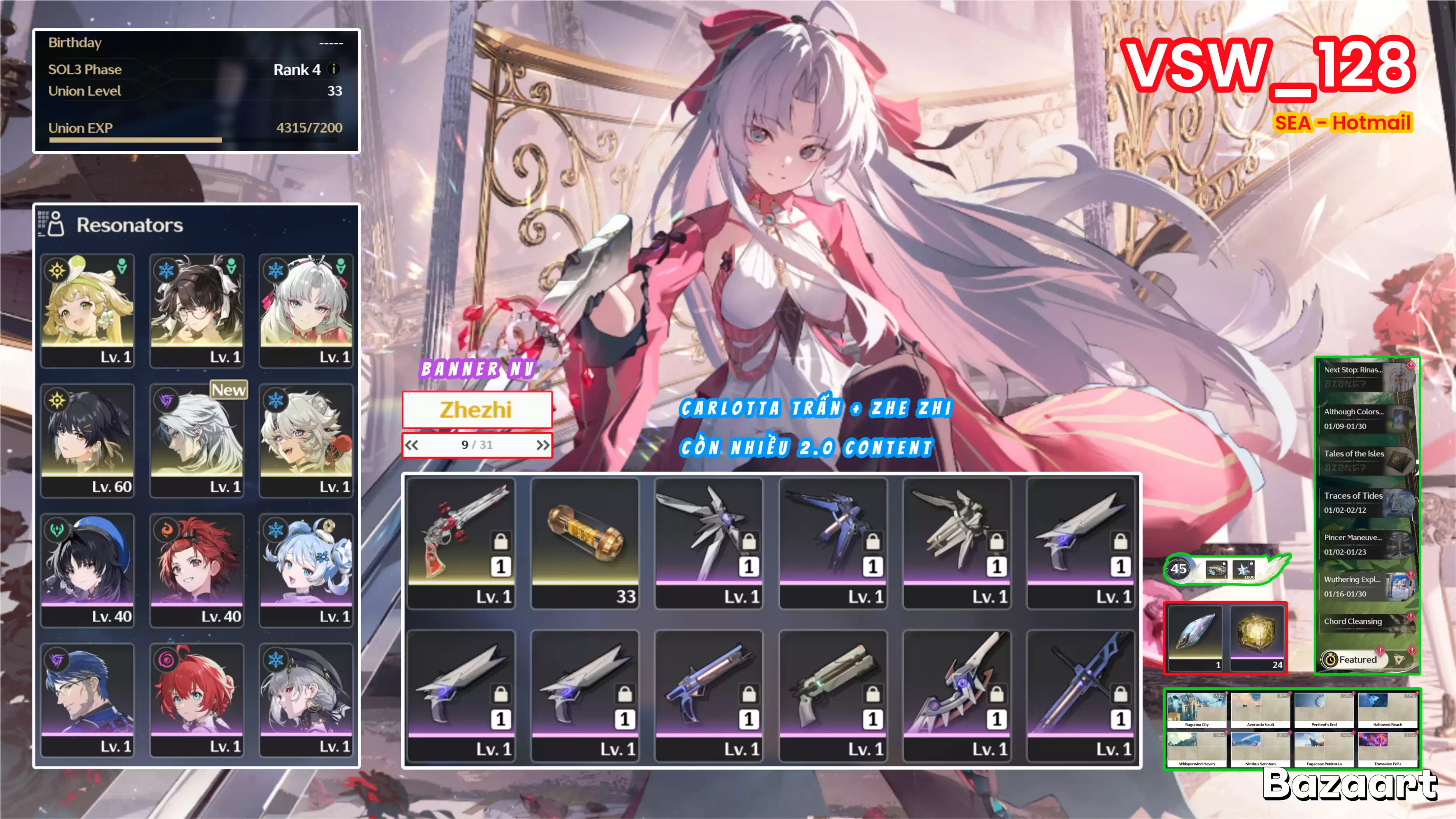 [ VSW_128 SIÊU PHẨM XẠ THỦ FULL BUFF ] CARLOTTA TRẤN + ZHE ZHI + CALCHARO + VERINA + LINGYANG. 9 TRANG BANNER LIMIT. CÒN NHIỀU QUEST / EVENT !!