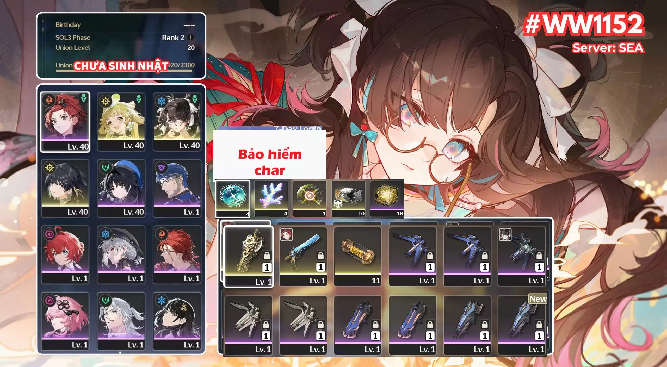 [ ACC VIP ]  WW1152 Zhezhi + Bảo Hiểm char
