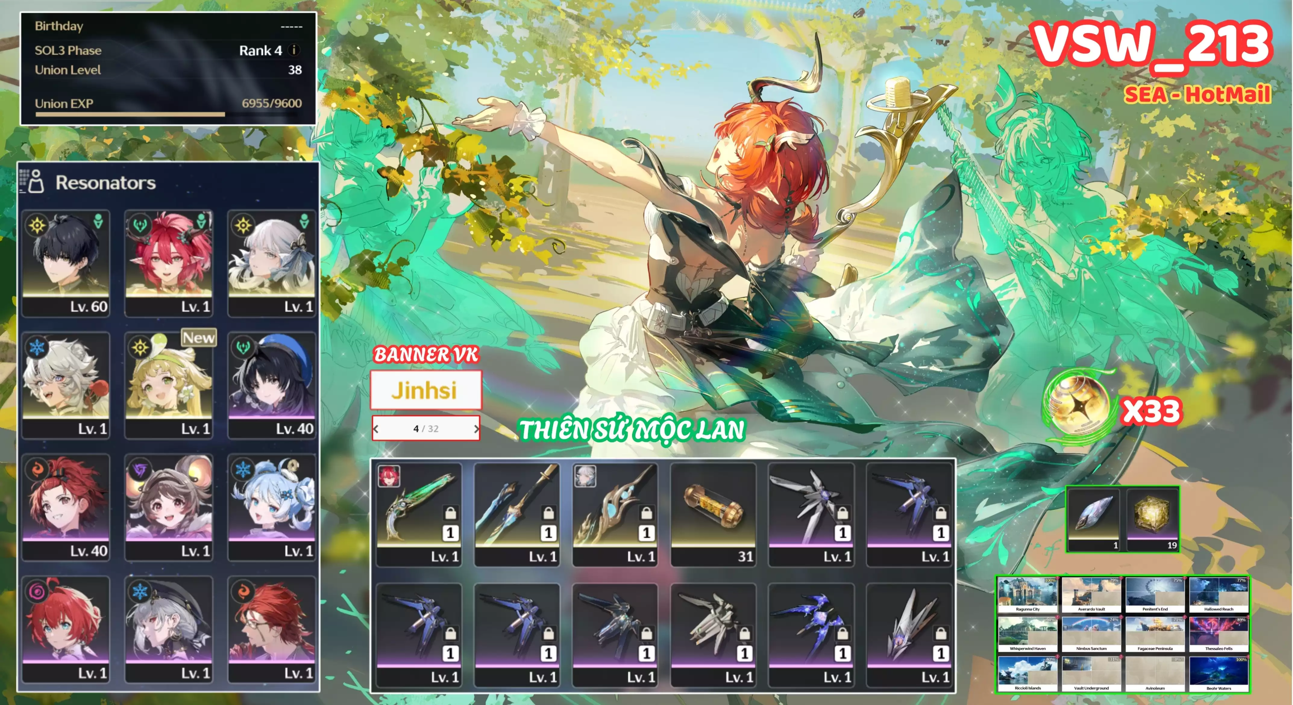 [ VSW_213 SIÊU PHẨM THIÊN SỨ MỘC LAN / MAIN NAM! ] CIACCONA TRẤN + JINHSI TRẤN + VERINA + MAIN TRẤN . 4 BANNER LIMIT. CÒN NHIỀU QUEST / EVENT!!