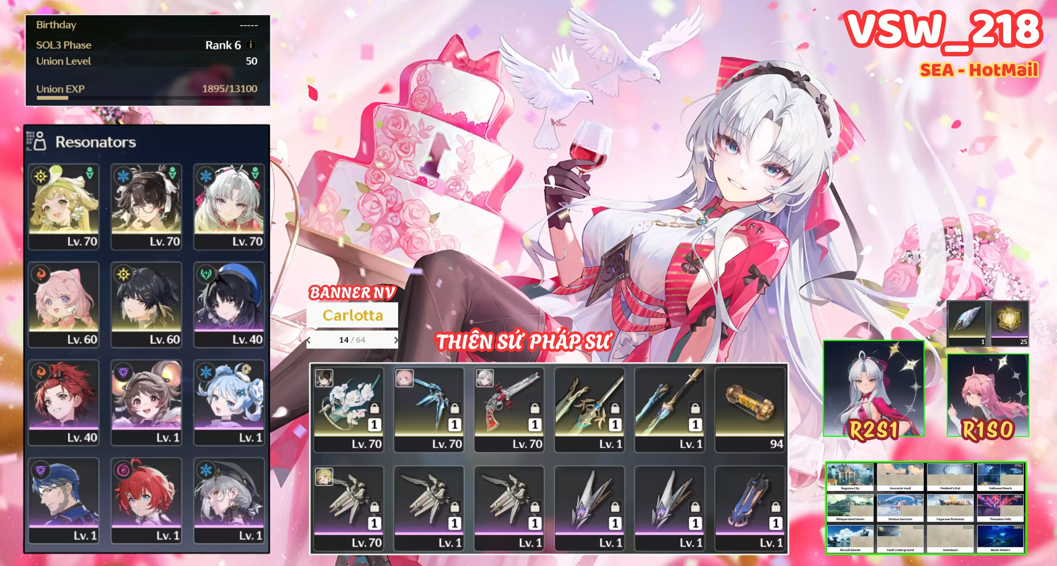 [ VSW_218 SIÊU PHẨM THIÊN NỮ XẠ KÍCH ] CARLOTTA R2 TRẤN + ZHE ZHY TRẤN + VERINA + ENCORE R1 + MAIN TRẤN. 14 TRANG BANNER LIMIT. 25 NHỰA. CÒN NHIỀU QUEST / EVENT!!