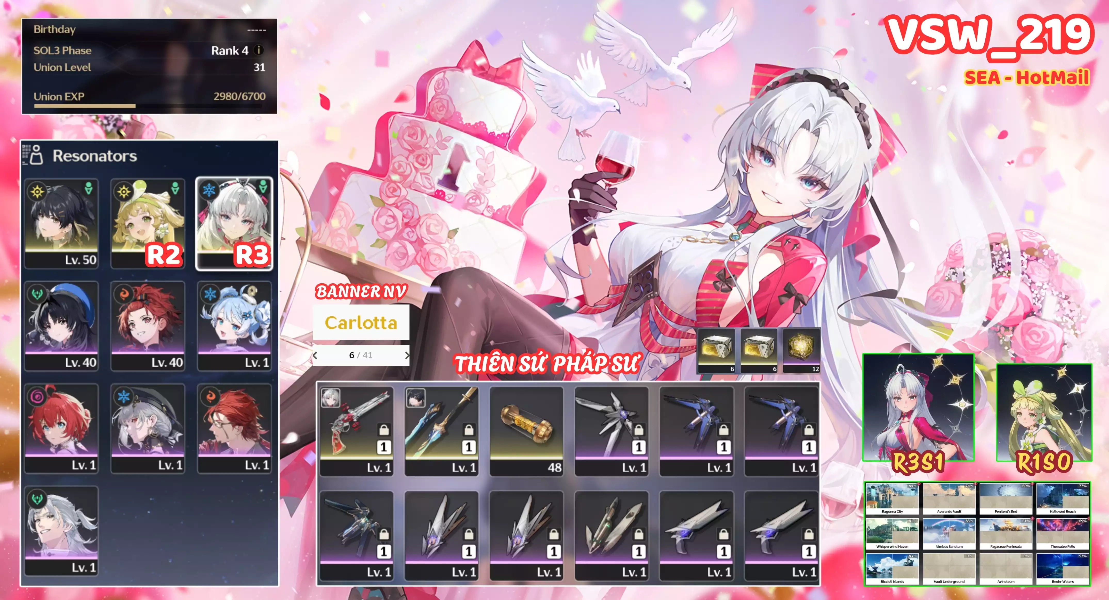 [ VSW_219 SIÊU PHẨM THIÊN NỮ XẠ KÍCH ] CARLOTTA R3 TRẤN + VERINA R2 + MAIN TRẤN. 6 TRANG BANNER LIMIT.  CÒN NHIỀU QUEST / EVENT!!