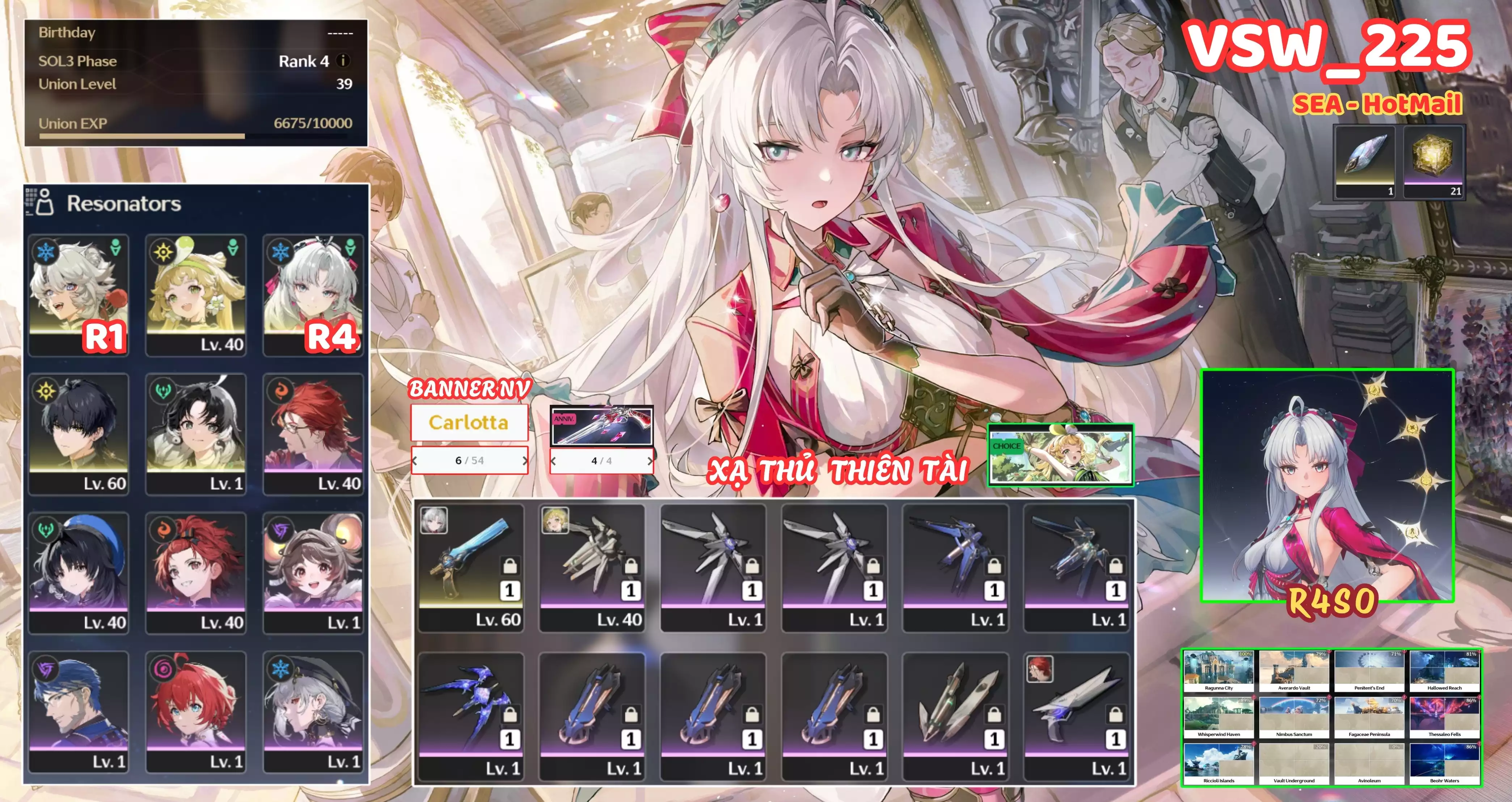 [ VSW_225 SIÊU PHẨM THIÊN TÀI XẠ THỦ / MAIN NAM! ] CARLOTTA R4 + VERINA + JIANXIN + LINGYANG R1. ZIN BANNER 5* TỰ CHỌN. 6 TRANG BANNER LIMIT. 21 NHỰA. CÒN NHIỀU QUEST / EVENT!!