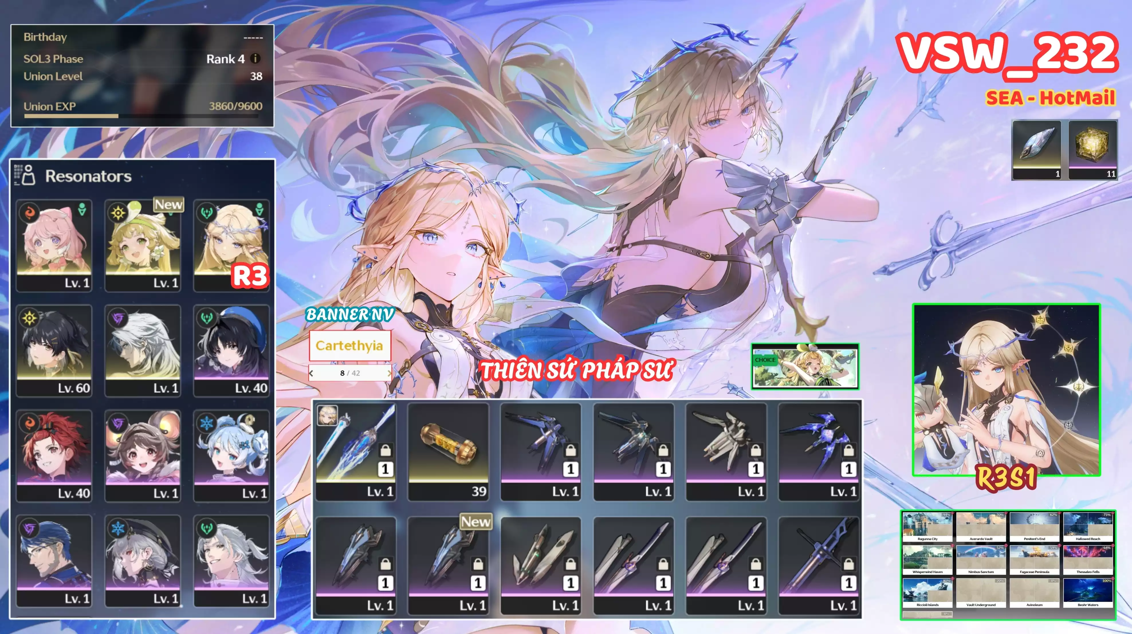 [ VSW_232 SIÊU PHẨM THIÊN SỨ PHÁP SƯ ] CARTETHYIA R3 TRẤN + ENCORE + VERINA + CALCHARO. 8 TRANG BANNER LIMIT. 11 NHỰA. ZIN BANNER 5* TỰ CHỌN. CÒN NHIỀU QUEST / EVENT!!