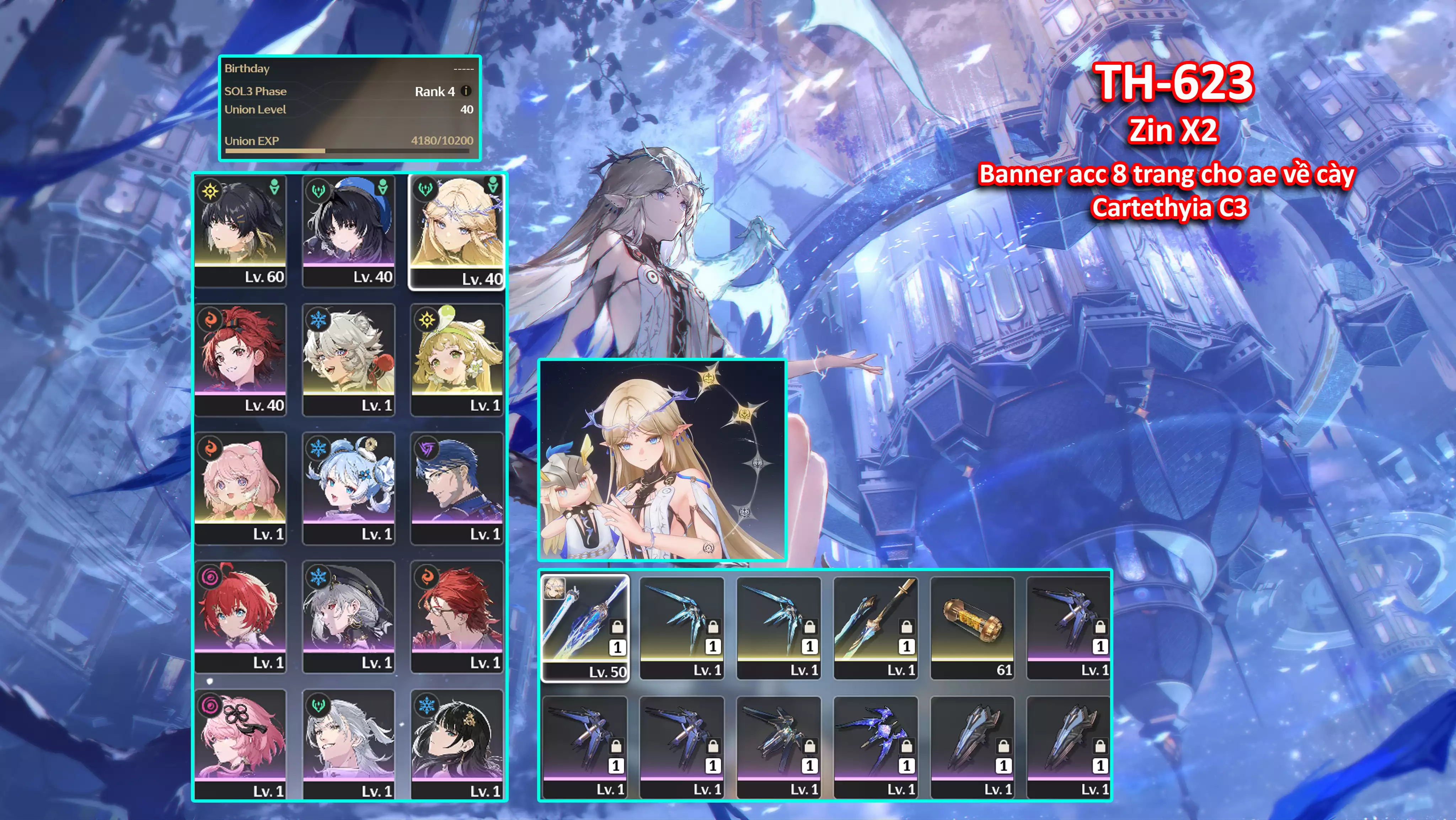 [Siêu Phẩm Char Vip ] TH-623 Cartethyia c2r1 + Encore (Trấn) + Verina (Trấn) + LingYang + Banner acc 8 trang