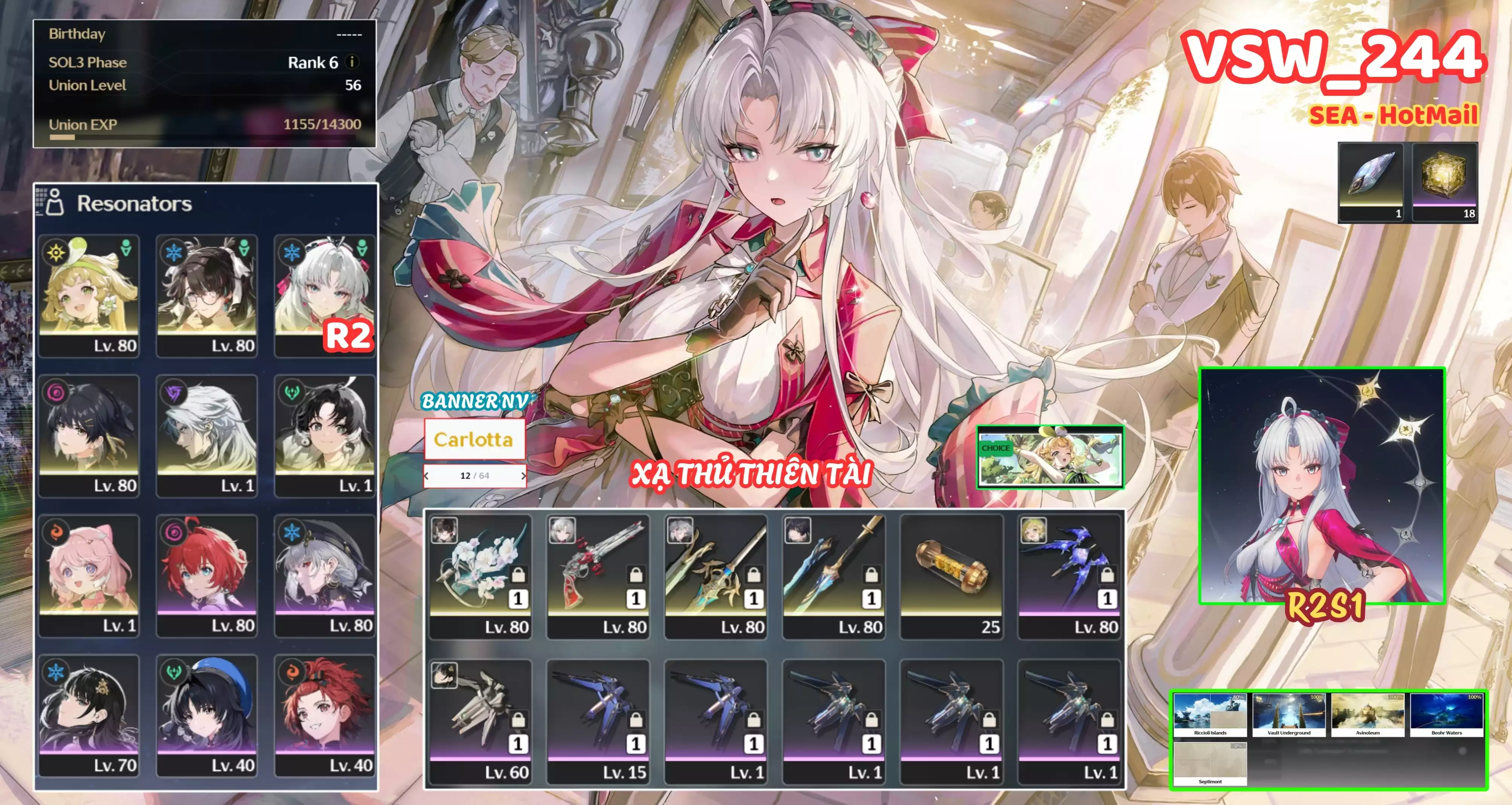 [ VSW_244 SIÊU PHẨM THIÊN NỮ XẠ KÍCH ] CARLOTTA R2 TRẤN + ZHE ZHY TRẤN +VERINA + CALCHARO + JIANXIN + ENCORE. 12 TRANG BANNER LIMIT. 18 NHỰA. ZIN BANNER 5* TỰ CHỌN. CÒN NHIỀU QUEST / EVENT!!