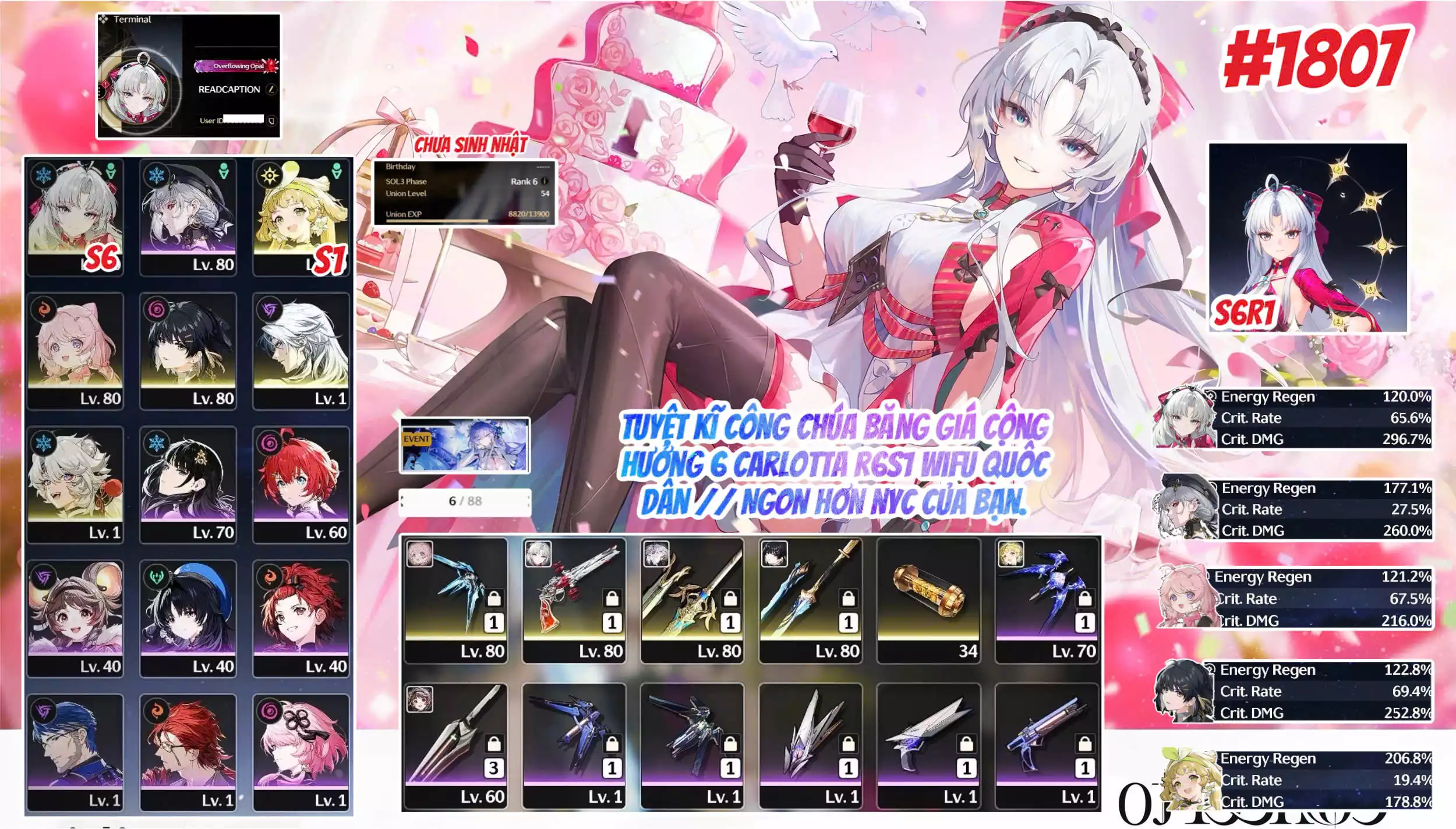 [ #1807 SIÊU PHẨM THIÊN NỮ XẠ KÍCH ] CARLOTTA R6 TRẤN + ENCORE + CALCHARO + VERINA + MAIN TRẤN. 6 TRANG BANNER LIMIT.  CÒN NHIỀU QUEST / EVENT!!