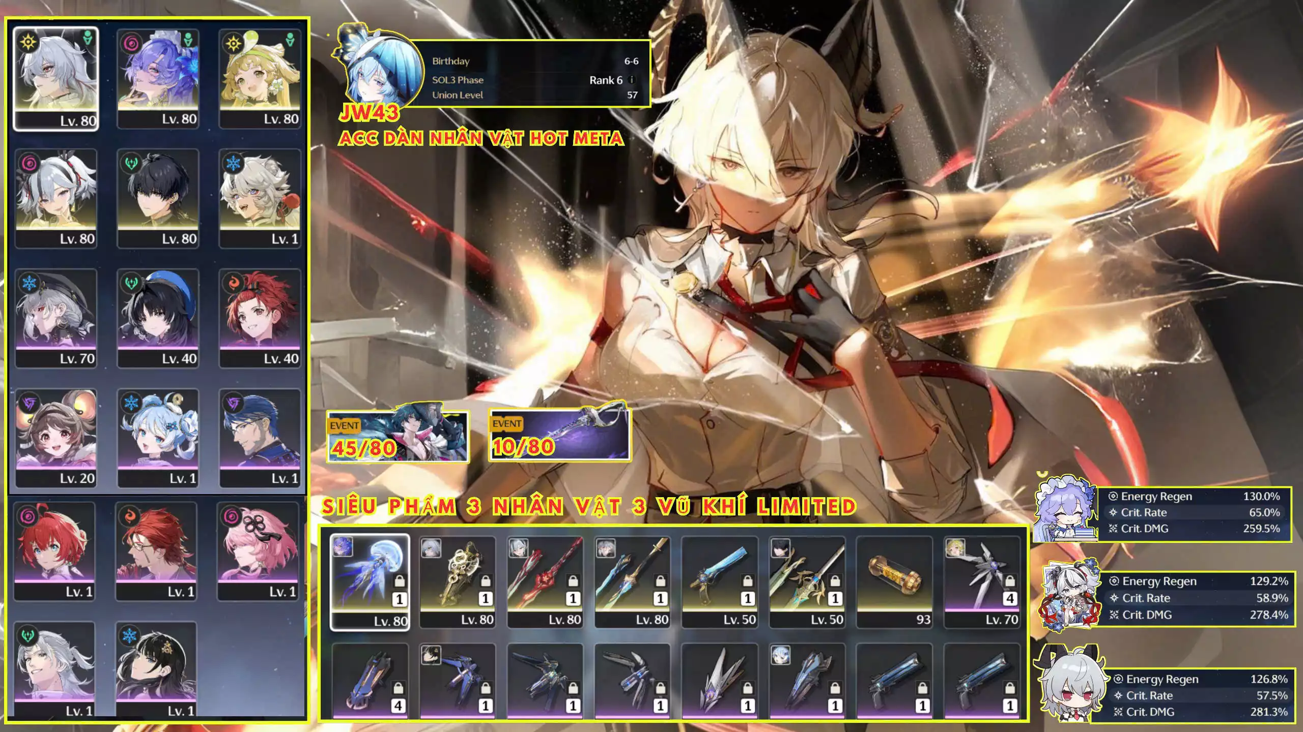 [ JW43: SEA / 3 DPS HOT ] ZANI TRẤN, CANTARELLA TRẤN, CAMELLYA TRẤN, LINGYANG , VERINA , ACC BUILD KHOẺ / BANNER NHÂN VẬT 45/80