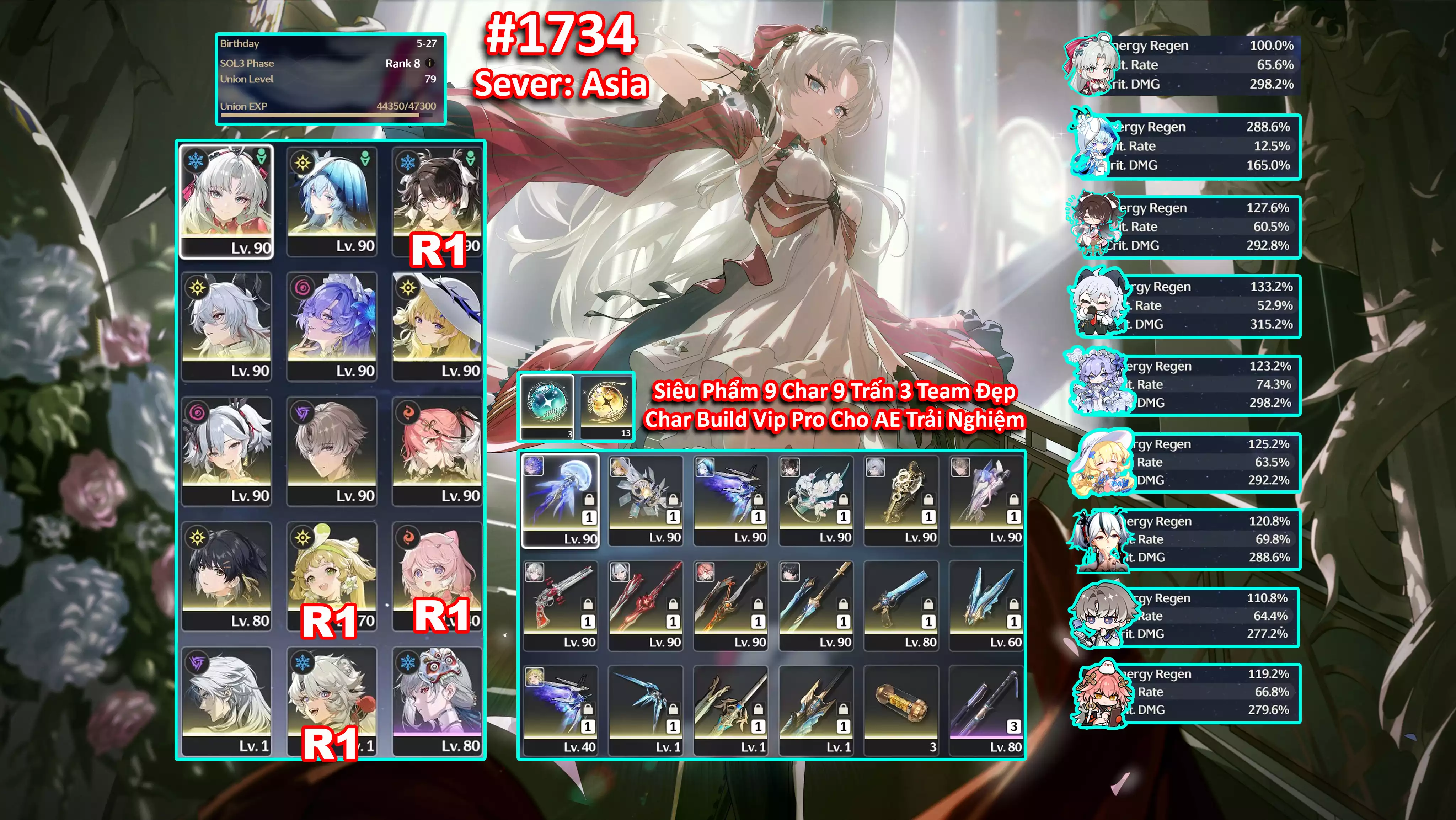 [Siêu Phẩm 3 TEAM RÁT VÀNG META GAME  ] TH-554 Carlotta (Trấn) + Shorekeeper (Trấn) + Zhezhi C1 (Trấn) + Zani (Trấn) + Cantarella (Trấn) + Phoebe (Trấn) + Camellya (Trấn) + Xiangli Yao (Trấn) + Changli (Trấn) + Banner acc 14 Trang