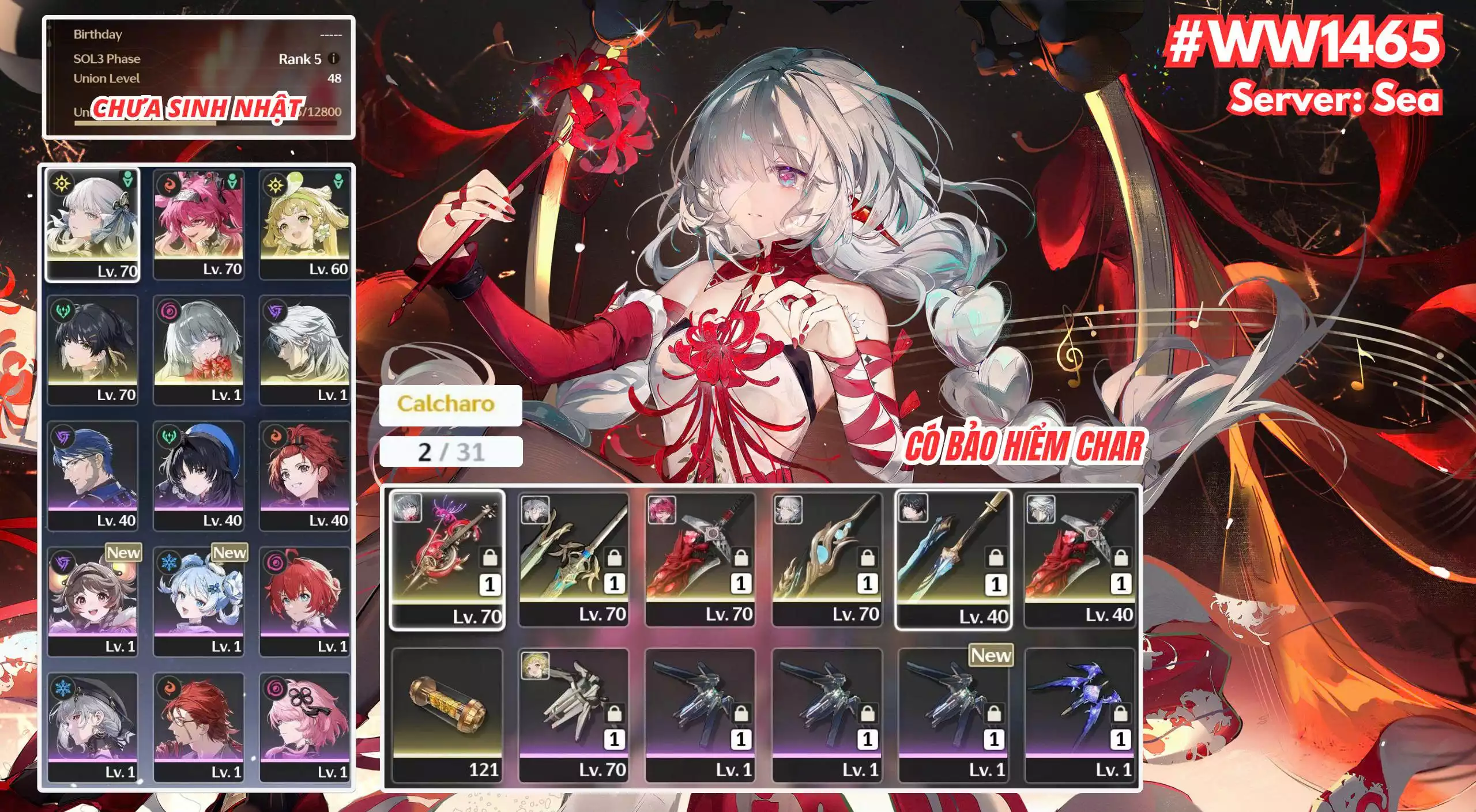 [ ACC VIP ] WW1465 Jinhsi Trấn + Phrolova R0A1 + Lupa R0A1 + bảo hiểm
