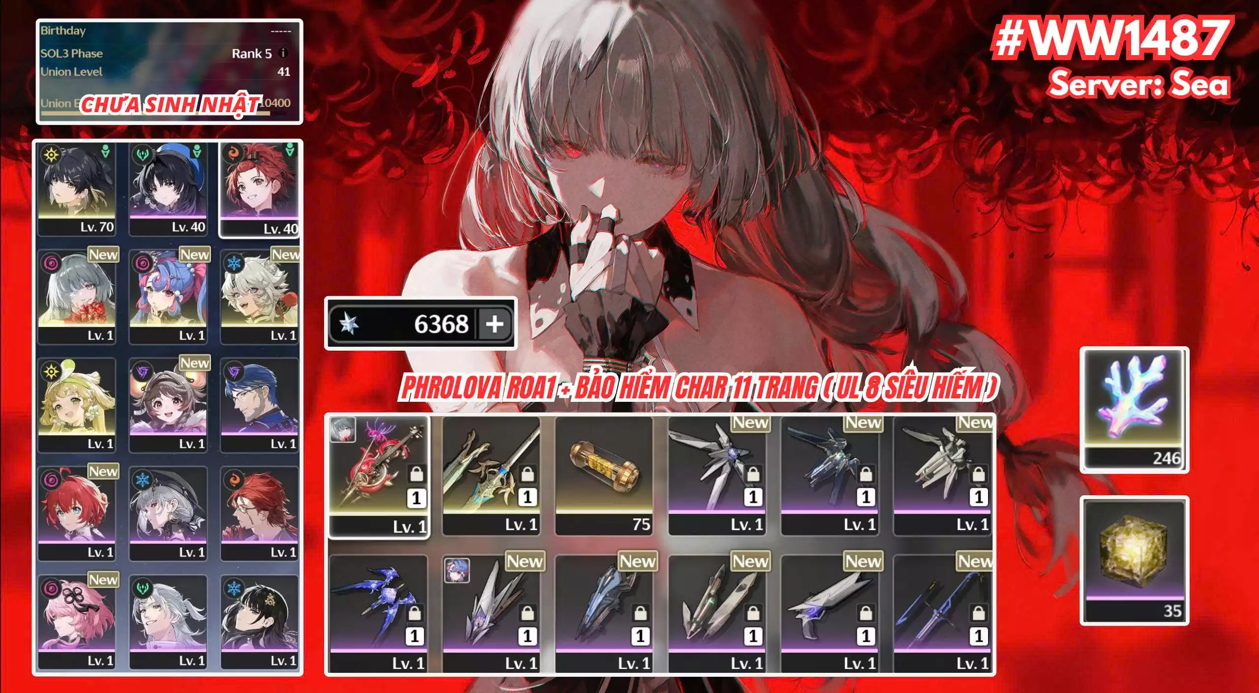 [ ACC VIP ] WW1487 Phrolova R0A1 + ROCCI + 6k đá + 246 san hô
