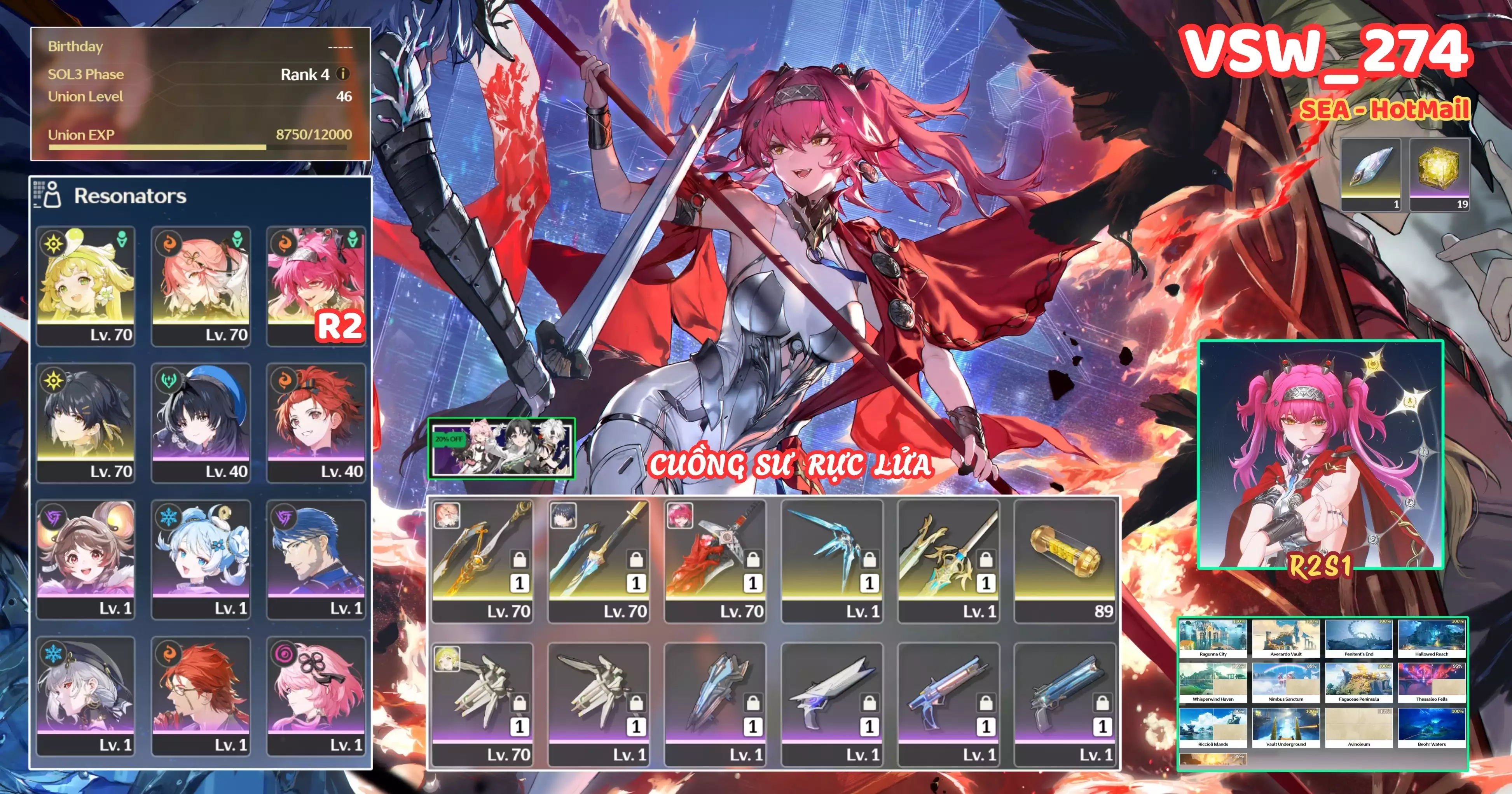 [ VSW_274 SIÊU PHẨM CUỒNG SƯ RỰC CHÁY ] LUPA R2 TRẤN + CHANGLI TRẤN + VERINA TRẤN + MAIN TRẤN. 19 NHỰA. ZIN BANNER 5* TÂN THỦ. CÒN NHIỀU QUEST / EVENT!!