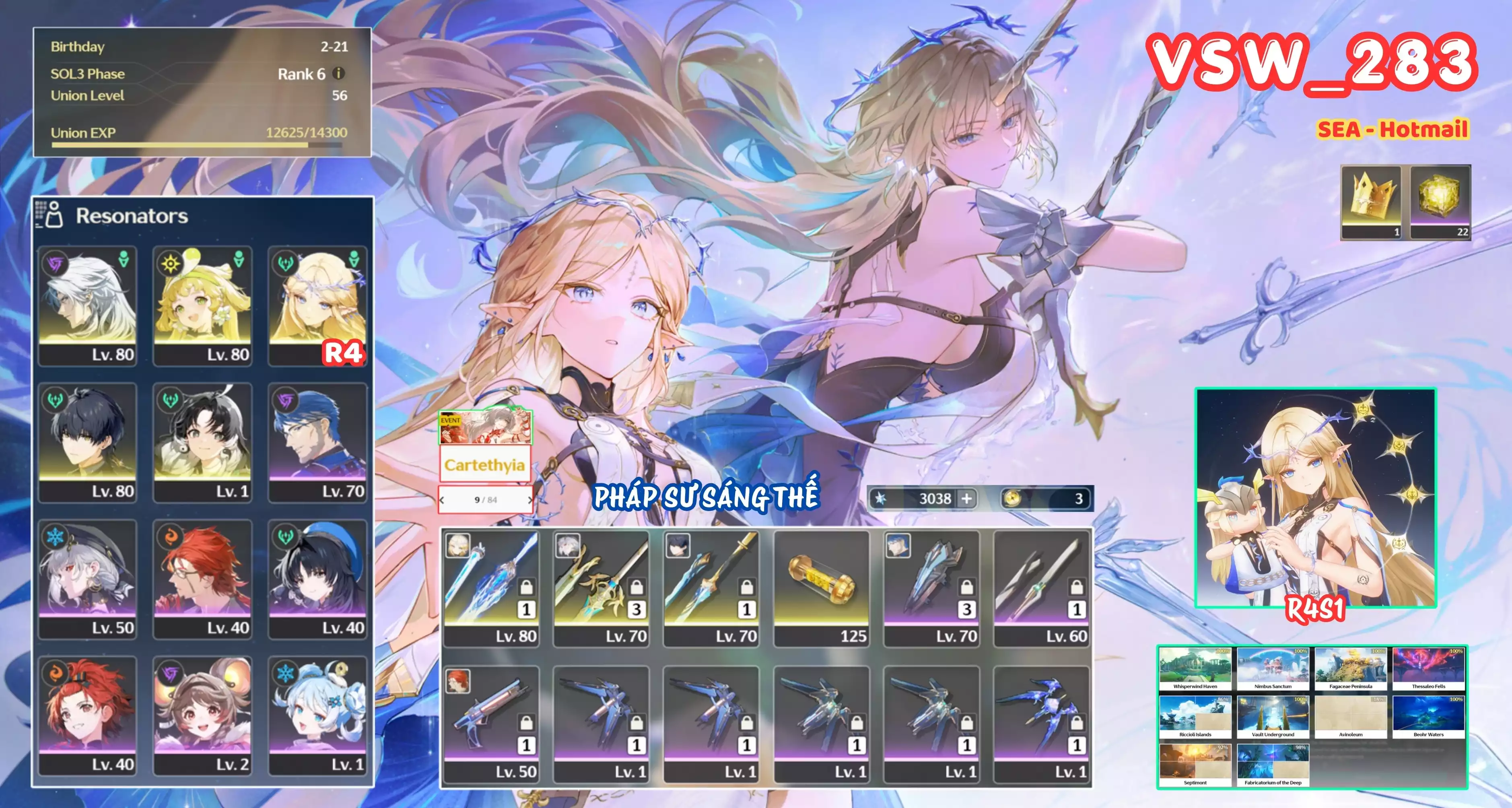[ VSW_283 SIÊU PHẨM THIÊN TÀI SÁNG THẾ / MAIN NAM! ] CARTETHYIA R4 TRẤN + VERINA + CALCHARO + JIANXIN + MAIN TRẤN. 22 NHỰA -{ 3.000 ĐÁ ASTRITE + 3 VÉ LIMIT }- 9 TRANG BANNER LIMIT. ZIN BANNER 5* TỰ CHỌN. CÒN NHIỀU QUEST / EVENT!!