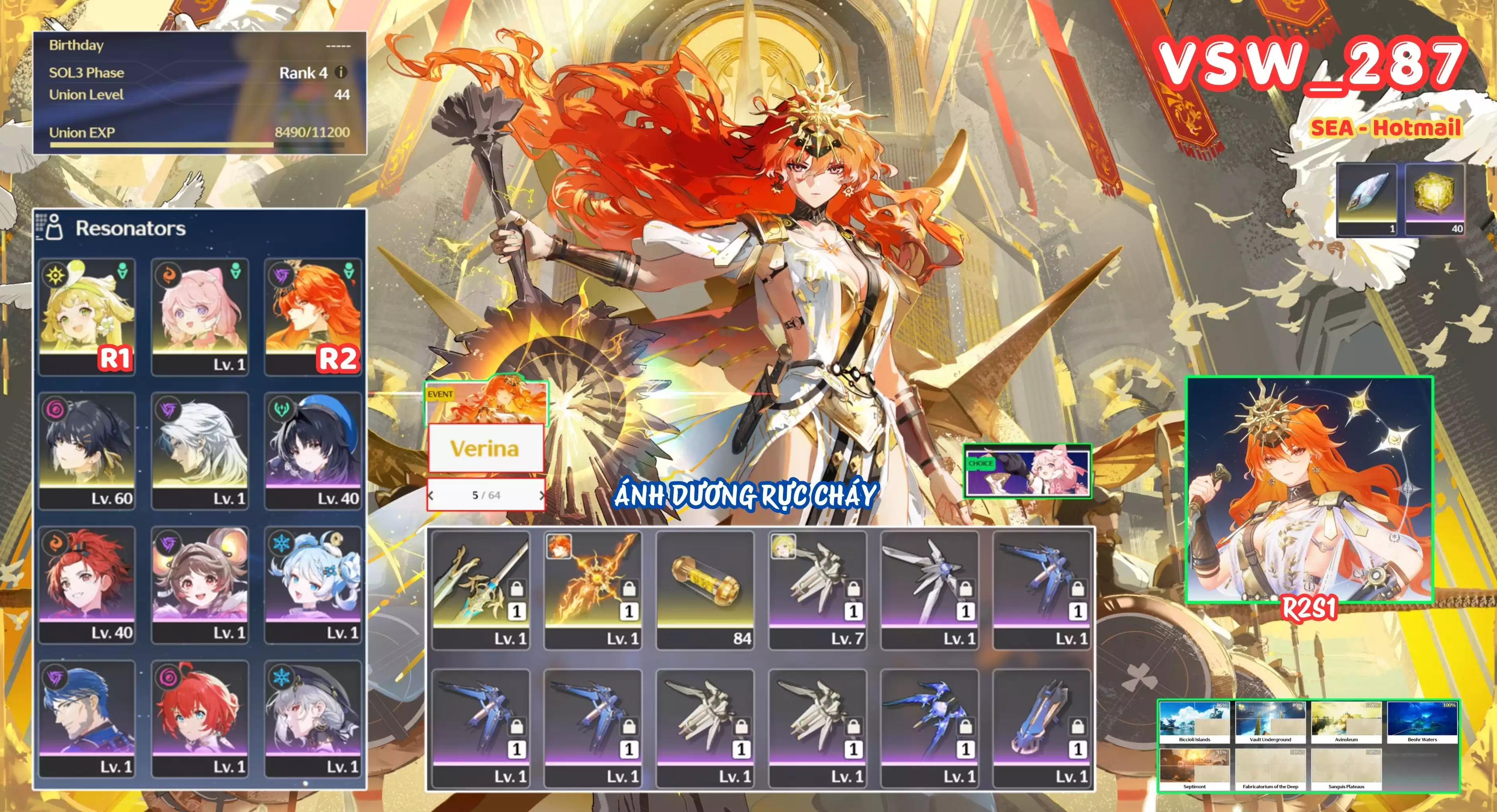 [ VSW_287 SIÊU PHẨM ÁNH DƯƠNG TUẾ NGUYỆT ]  AUGUSTA R2 TRẤN + VERINA R1 + ENCORE + CALCHARO. 5 TRANG BANNER LIMIT CÓ BẢO HIỂM. 40 NHỰA. ZIN BANNER 5* TỰ CHỌN. CÒN NHIỀU QUEST / EVENT!!