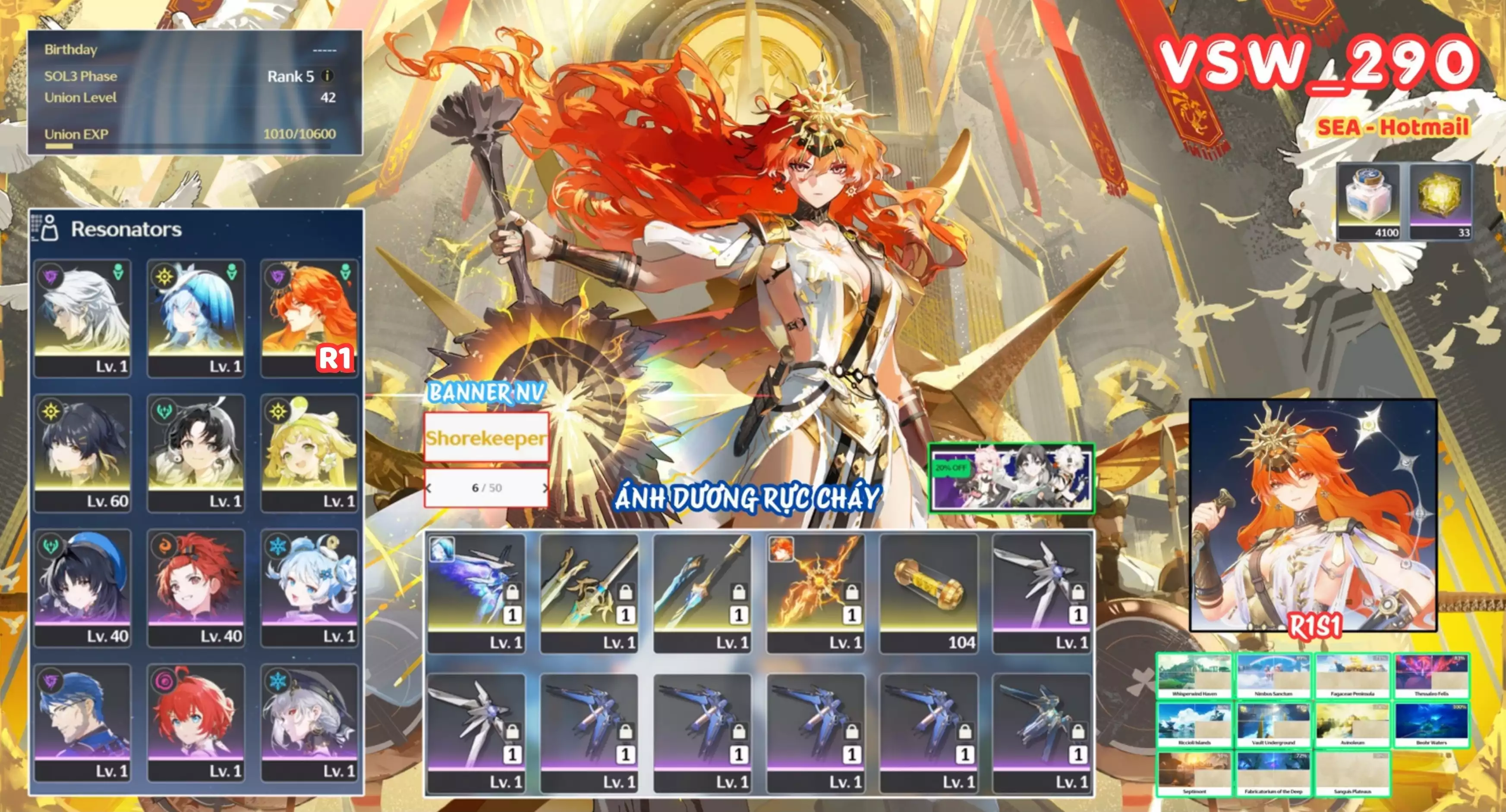 [ VSW_290 SIÊU PHẨM ÁNH DƯƠNG TUẾ NGUYỆT ] AUGUSTA R1 TRẤN + SHOREKEEPER TRẤN + VERINA + CALCHARO + JIANXIN + MAIN TRẤN. 6 TRANG BANNER LIMIT. 33 NHỰA. ZIN BANNER 5* TÂN THỦ. CÒN NHIỀU QUEST / EVENT!!