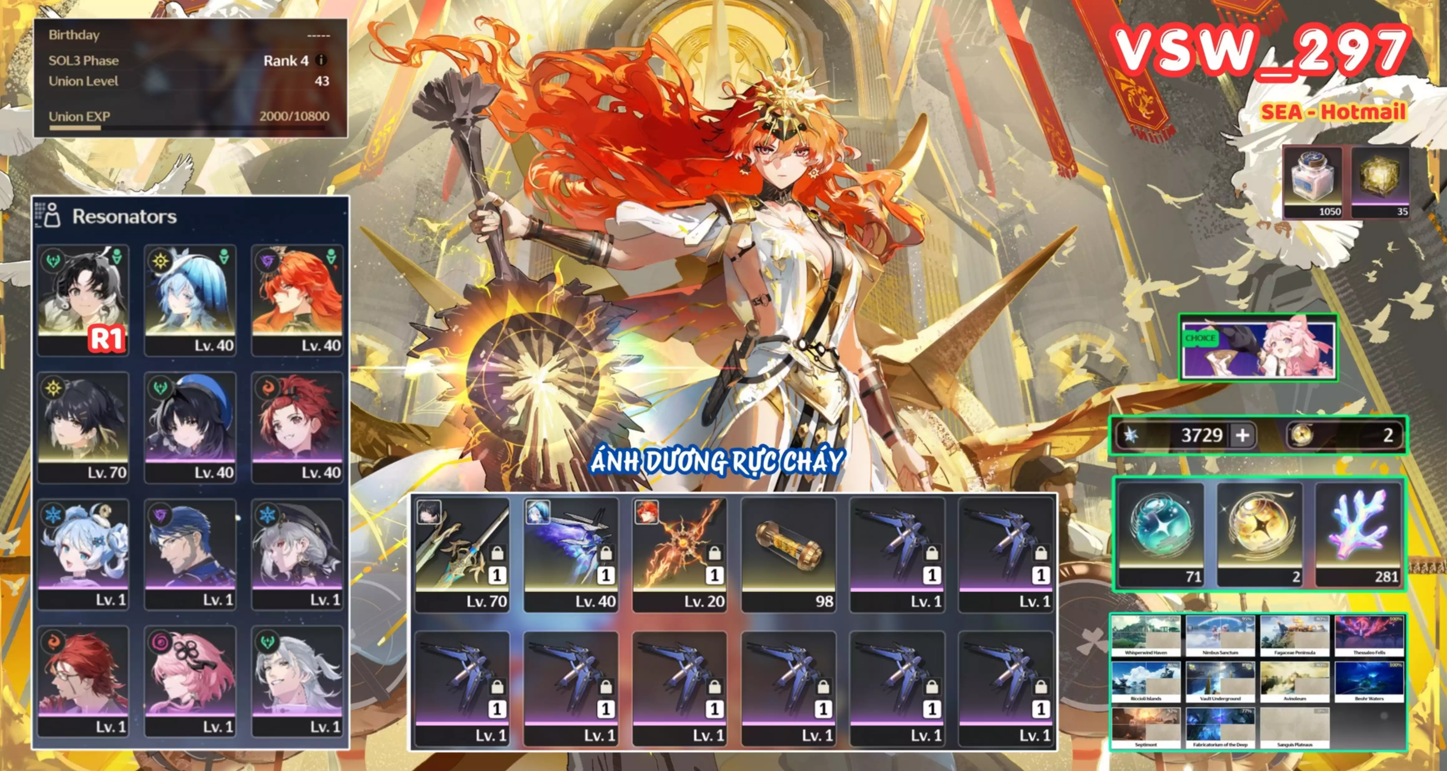 [ VSW_297 SIÊU PHẨM ÁNH DƯƠNG TUẾ NGUYỆT ] AUGUSTA TRẤN + SHOREKEEPER TRẤN + JIANXIN R1. -{ 3.700 ASTRITE + 281 TẢO TÍM + 71 VÉ THƯỜNG }- 35 NHỰA. ZIN BANNER 5* TỰ CHỌN. CÒN NHIỀU QUEST / EVENT!!