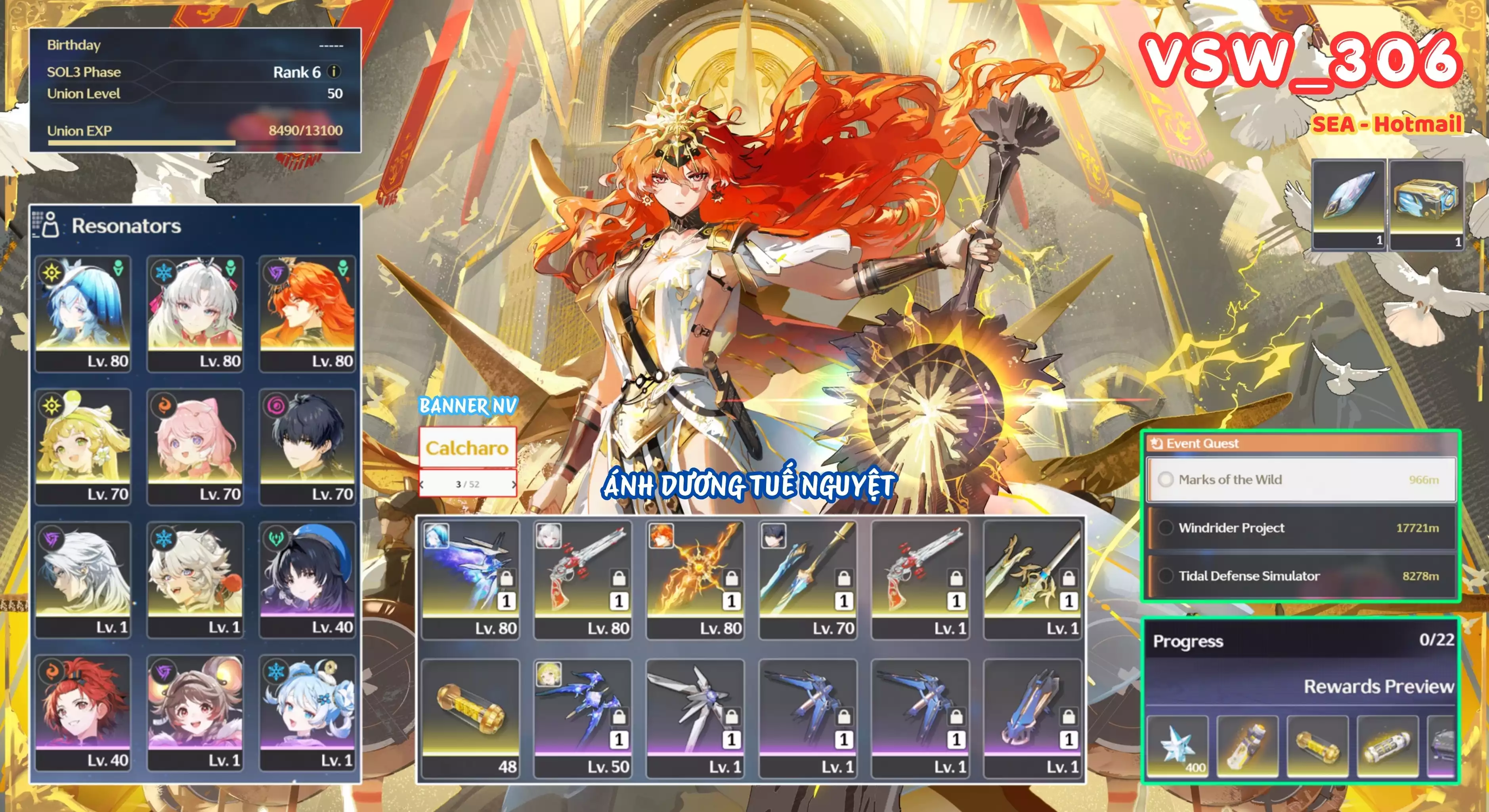[ VSW_306 SIÊU PHẨM ÁNH DƯƠNG TUẾ NGUYỆT / MAIN NAM! ] AUGUSTA TRẤN + SHOREKEEPER TRẤN + CARLOTTA TRẤN + VERINA + ENCORE + CALCHARO. 3 TRANG BANNER LIMIT CÓ BẢO HIỂM. FREE 1 RƯƠNG VK 5* THƯỜNG